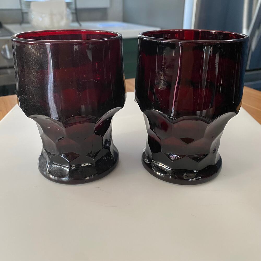 Vintage Ruby Red Glass Tumblers Set of‎ 2 Red Excellent Thumbprint MCM Footed
